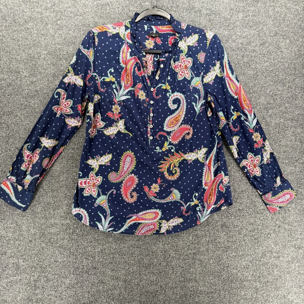 Talbots Blouse Top Womens S Blue Paisley Popover Long Sleeve Boho Cotton Peasant
